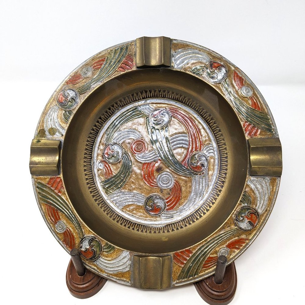 Vintage Indian Brass Floral Ashtray Decorative 8” With Display Stand by Penco